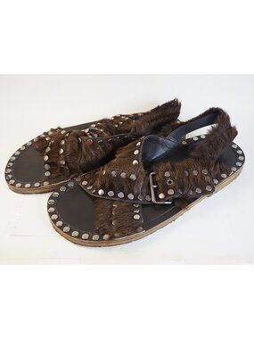 Prada Men's Brown Fur Strap Studded Sandals, Size 12